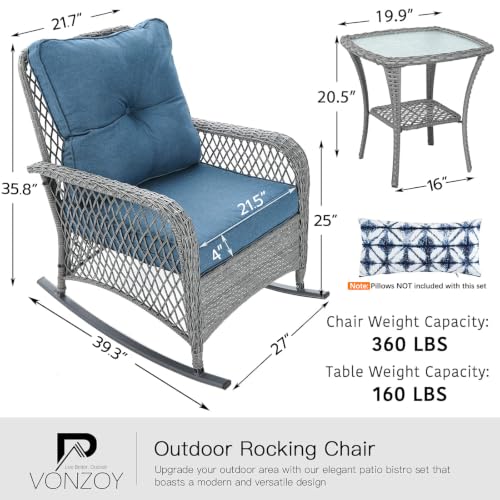 Patio Furniture Set 3 Pieces, Wicker Rocking Bistro Set with Thick Cushions, Outdoor Rocker Chairs and Coffee Table for Porch, Backyard or Garden (Blue)