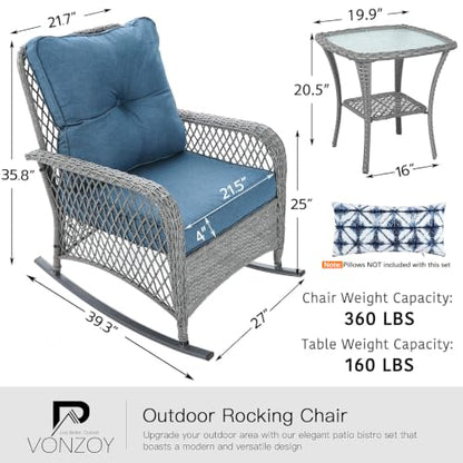 Patio Furniture Set 3 Pieces, Wicker Rocking Bistro Set with Thick Cushions, Outdoor Rocker Chairs and Coffee Table for Porch, Backyard or Garden (Blue)