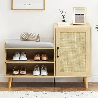 GAOMON 2-in-1 Natural Rattan Shoe Storage Bench with Upholstered, Shoe Cabinets with Adjustable Shelf, Home Entrance Shoe Rack for Hallway Living Room Bedroom Dorm and Small Apartment