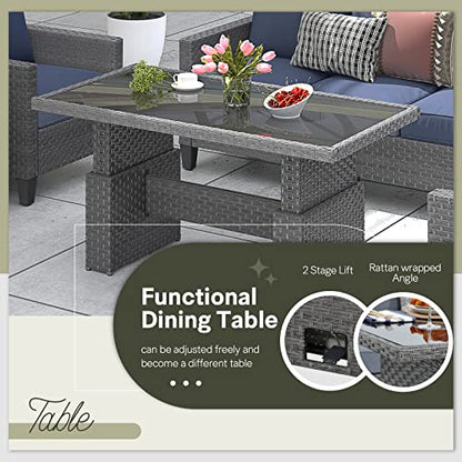Outdoor Patio Lift Dining Table, Rectangle Patio Coffee Table with Glass Tabletop, Wicker Furniture Multi-Function Dining Table for Backyard, Deck, Garden, Grey