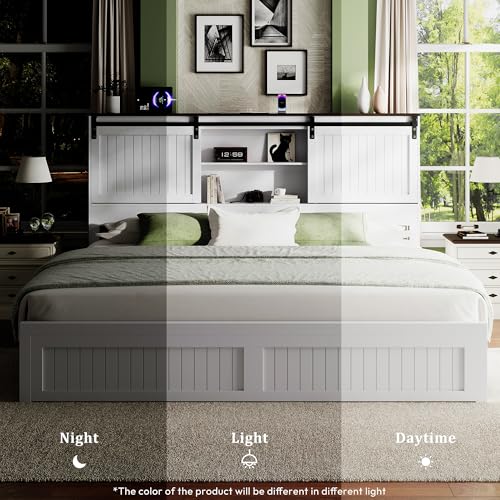 Farmhouse King Size Bed Frame Wood with Headboard Storage, White, view 8