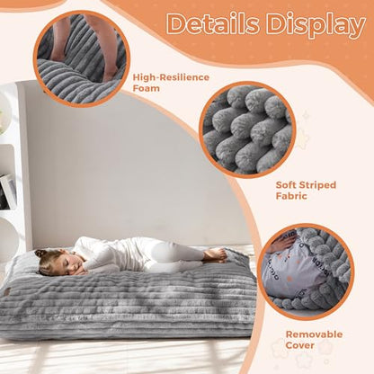 3 in 1 Kids Bean Bag Chair, Convertible Child Chair Folds Bean Bag with Removed Cover, Soft Fur Fabric Floor Couch with High-Density Foam Filling for Living Room Bedroom, Grey