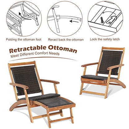 Patio Lounge Chair and Side Table Set, Acacia Wood Wicker Folding Table and Armrest Chair with Retractable Ottoman, Outdoor Chaise Lounger for Garden, Backyard, Poolside, Balcony