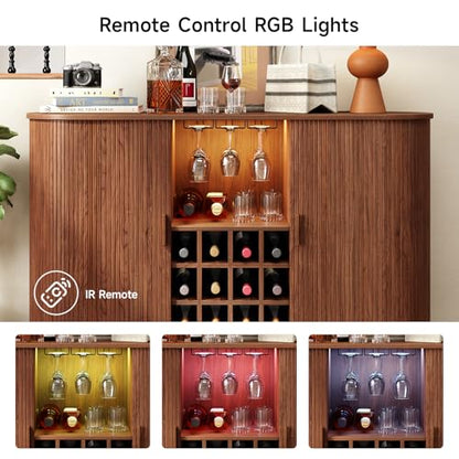 55" Wine Bar Cabinet with LED Light, Modern Fluted Liquor Whiskey Home Bar with Wine Rack and Glass Holder, Farmhouse Buffet Sideboard with Storage for Living Room, Kitchen, Entryway (Walnut)