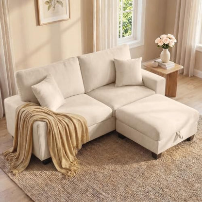 L-Shaped Sectional Sofa with Storage Ottoman, Modern Chenille Recliner Loveseat, Removable Couch Covers, Pocket Spring Cushions, Solid Wood Frame, Easy to Install (71.25inch, Beige)