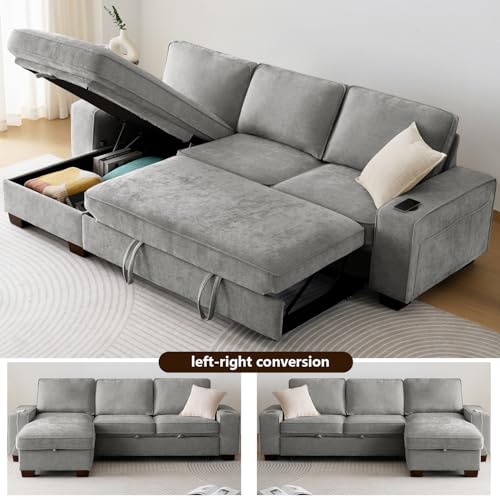 99" Convertible Sleeper Sofa Bed,L Shaped with Storage Chaise Pull Out Couch for Living Room,USB and Type-C,Removable Washable Chenille Covers (Gray)