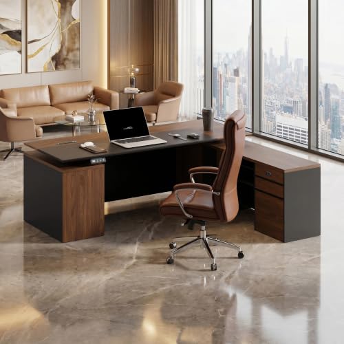 78.74" L-Shaped Electric Executive Desk with Filing Cabinet,Walnut/Black, view 4