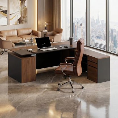 78.74" L-Shaped Electric Executive Desk with Filing Cabinet,Walnut/Black, view 4