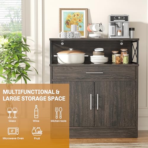Kitchen Storage Cabinet with Adjustable Shelves and Drawers, Modern Buffet Sideboard, Wood Buffet Cabinet with Doors, Floor Cabinet Cupboard for Coffee Bar Living Room, Dark Brown