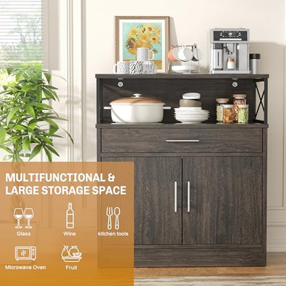 Kitchen Storage Cabinet with Adjustable Shelves and Drawers, Modern Buffet Sideboard, Wood Buffet Cabinet with Doors, Floor Cabinet Cupboard for Coffee Bar Living Room, Dark Brown