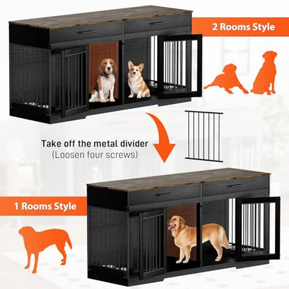 72" Double Dog Crate Furniture with Drawers and Divider, Black, view 6