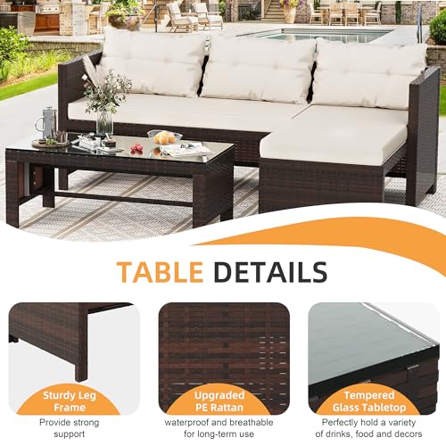 3-Piece Outdoor Patio Furniture Sets, Wicker Patio Conversation Sets, All Weather Wicker Rattan Patio Seating Sofas with Glass Coffee Table and Cushion, Beige