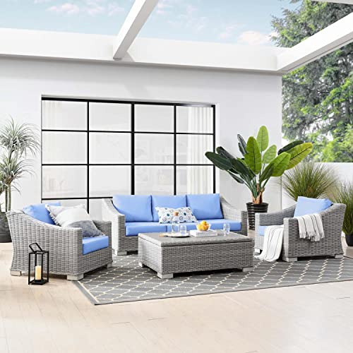 Conway Wicker Rattan 4-Piece Outdoor Patio Furniture Set in Light Gray Light Blue