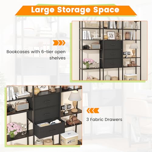 83.5" Tall Arched Bookshelf, Triple Wide 6-Tier Large Open Book Shelf with 3 Drawers Storage, Etagere Bookcase with Display Shelf, Industrial Bookshelf with Metal Frame for Living Room, Black