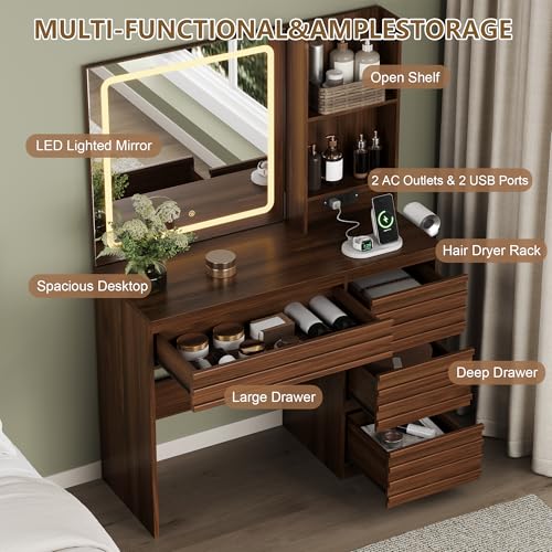 Makeup Vanity Desk with Lights, Fluted Vanity with 4 Drawers, Open Shelves, view 4