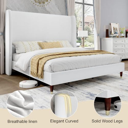 Queen Bed Frame Linen Upholstered 51.2" Tall Headboard, White, view 5