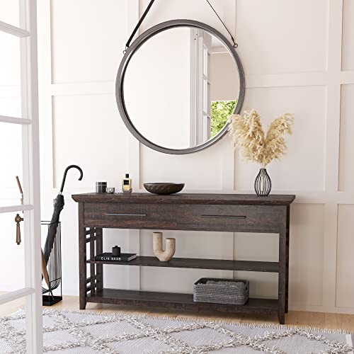 3 Tier Console Table with Two Storage Shelves & Drawers, Wood Accent Sofa Table for Entryway Living Room Hallway - 55 Inch - Norrell (Espresso)