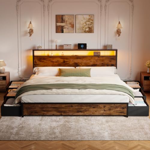 King Size Bed Frame with 2-Tier Storage Headboard & 6 Drawers, view 4