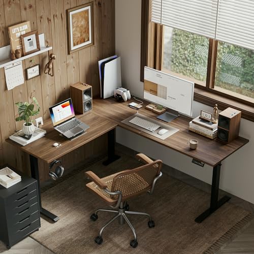63 x 55 Inch L Shaped Electric Standing Desk, Dark Walnut, view 3