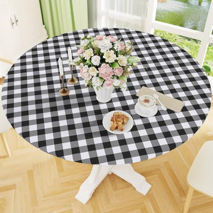 Round Picnic Tablecloth, Elastic Waterproof Fitted Vinyl Tablecloths for 45"-56" Tables, Flannel Backed Buffalo Plaid Table Cover for Dining, Camping, Outdoor, Black and White