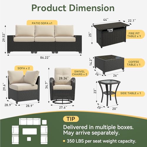 10-Piece Patio Furniture Set with 44” Fire Pit Table, Widen Armrests Wicker Rattan Outdoor Sectional Sofa with Swivel Chairs, Outdoor Patio Furniture Set with Thick Cushions & Ottoman, Beige