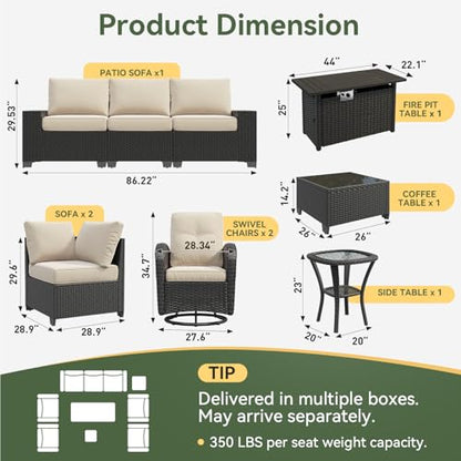 10-Piece Patio Furniture Set with 44” Fire Pit Table, Widen Armrests Wicker Rattan Outdoor Sectional Sofa with Swivel Chairs, Outdoor Patio Furniture Set with Thick Cushions & Ottoman, Beige