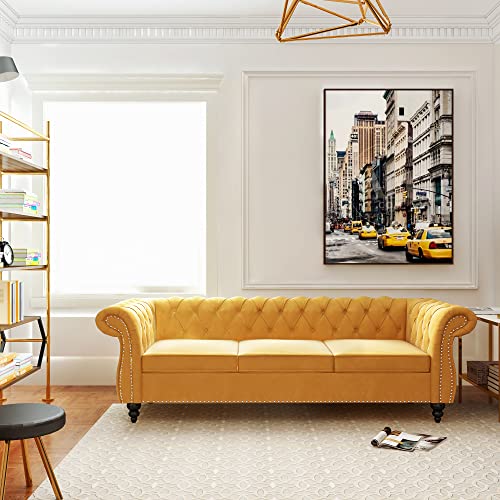 Chesterfield Sofa Velvet, Modern Tufted Couch 3 Seater with Rolled Arms and Nailhead for Living Room, Bedroom, Office, Apartment (Mango)