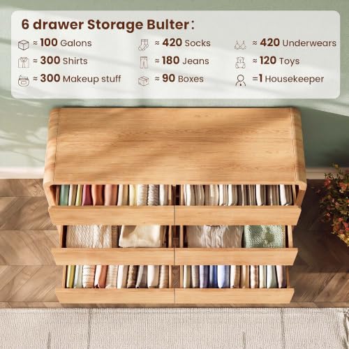 Modern 54" Wide 6 Drawers Dresser with Curved Profile Design,Oak, view 5
