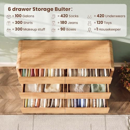 Modern 54" Wide 6 Drawers Dresser with Curved Profile Design,Oak, view 5