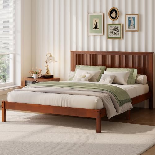 JIVOIT Queen Size Solid Rubber Wood Platform Bed with Wave-Styled Headboard | Bed Frame, Central Support Beams, Reinforced Platform Feet, Underbed Storage Space, Wood Slats Support, Bedroom
