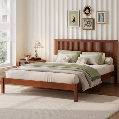 JIVOIT Queen Size Solid Rubber Wood Platform Bed with Wave-Styled Headboard | Bed Frame, Central Support Beams, Reinforced Platform Feet, Underbed Storage Space, Wood Slats Support, Bedroom