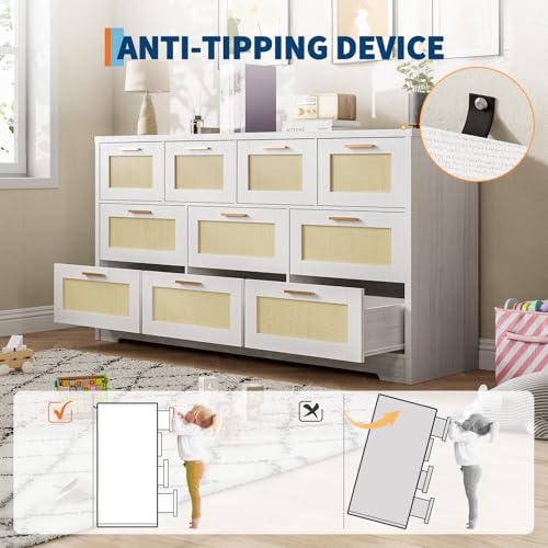 10 Drawer Dresser for Bedroom, 59 in Farmhouse Rattan Dressers & Chests of Drawers, Wooden Storage Organizer with Anti-Tipping Device for Living Room, Hallway, Entryway, White