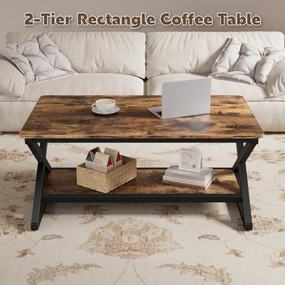 Rustic Brown Rectangle Coffee Table for Living Room, 39.4" Farmhouse Minimalist Industrial Wooden Metal 2 Tier Center Tables with Storage Shelf, 350lbs Load Capacity, Easy Assembly