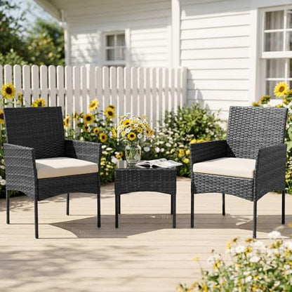 3-Piece Patio Furniture Set, Outdoor Wicker Rattan Chairs with Removable Cushion & Tempered Glass Table, Conversation Set Furniture for Porch, Balcony, Deck - Black