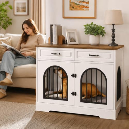 43.3" Dog Crate Furniture End Table with Storage Drawers, White, view 2