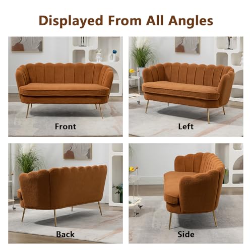 59" Small Modern Chenille Loveseat Sofa, 2-Seater Sofa with Gold Metal Legs, Small Couch with Flower Shaped Back for Living Room Bedroom Office (Caramel)