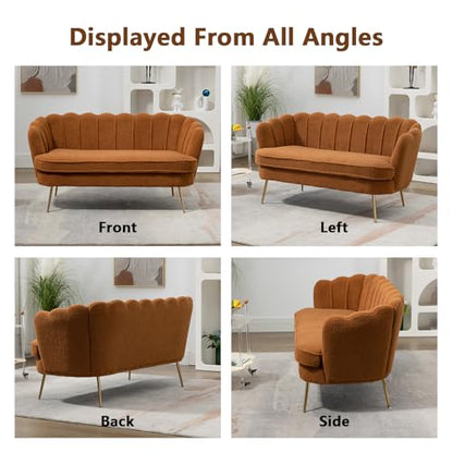 59" Small Modern Chenille Loveseat Sofa, 2-Seater Sofa with Gold Metal Legs, Small Couch with Flower Shaped Back for Living Room Bedroom Office (Caramel)