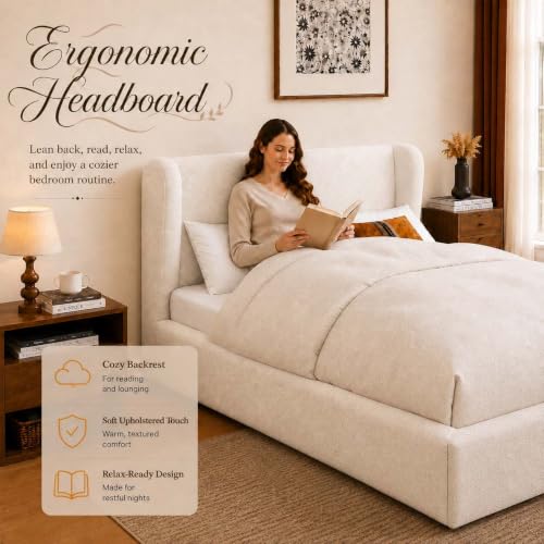 Queen Size Upholstered Bed Frame with Headboard, Cloud Boucle Bed Frame, view 4