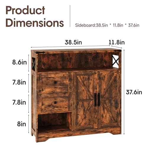 Farmhouse Storage Cabinet with Drawers and Open Storage, Brown | Freestanding Kitchen Pantry With 2 Barn Doors, Floor Cabinet With Adjustable Shelf for Living Room, Dining Room
