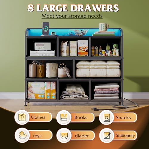 Dresser for Bedroom, 8 Drawer LED Dresser with Outlet, Black, view 6