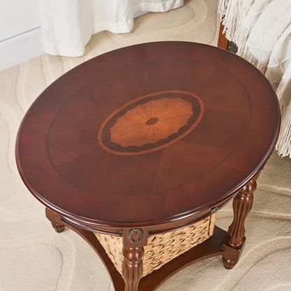 Solid Wood End Table with Drawer, Oval Sofa Side Table, Storage Shelf, Living Room Corner Table, Nightstand, 24”H Cherry Walnut CJZ1533WD-DR