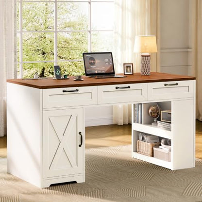 55" Farmhouse Desk with Charging Station & Drawers, Walnut White, view 2