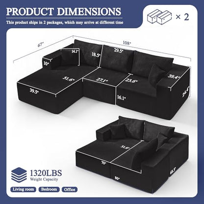 Modular Sectional Sofa for Living Room, 108" Cloud Couch Sectional with L-Shape Chaise, Modern Upholstered Corduroy Boneless Couch with Memory Foam Deep Seat, No Assembly Required (Black)