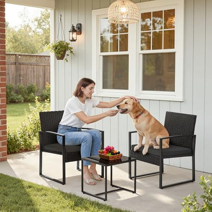 3 Piece Wicker Conversation Bistro Sets Outdoor Patio Set Modern Rattan Chair Furniture Sets with Coffee Table for Yard Garden Porch Lawn (Black)