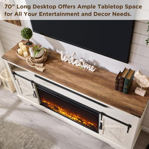 70" Farmhouse TV Stand with 36" Electirc Fireplace, Antique White, view 6