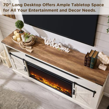 70" Farmhouse TV Stand with 36" Electirc Fireplace, Antique White, view 6