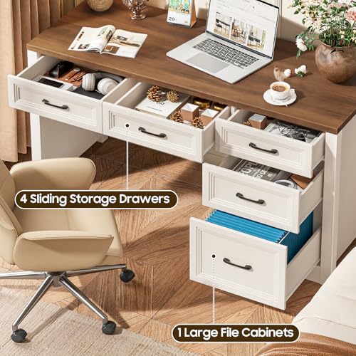 55 Inch Farmhouse Desk with 5 Drawers, Large Home Office Computer Desk with Adjustable File Drawer, Executive Workstation with Storage for Study Writing Work, White