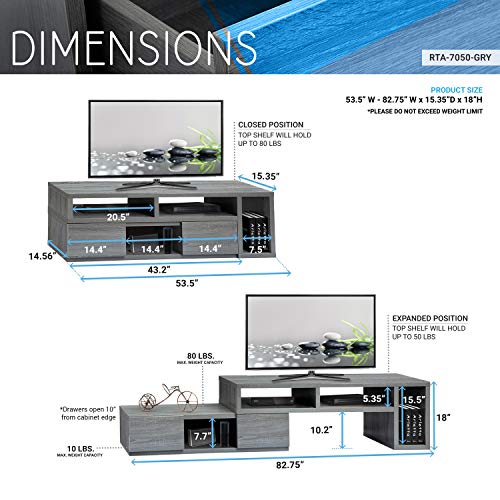 Adjustable TV Stand with Storage Fits Up to 65" TV, Grey | Modern media console, adjustable width, storage shelves, cable management, living room furniture, entertainment center