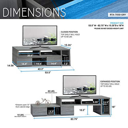 Adjustable TV Stand with Storage Fits Up to 65" TV, Grey | Modern media console, adjustable width, storage shelves, cable management, living room furniture, entertainment center