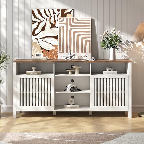Farmhouse White TV Stand with Grille Doors, 5 Open Storage Compartments, view 5
